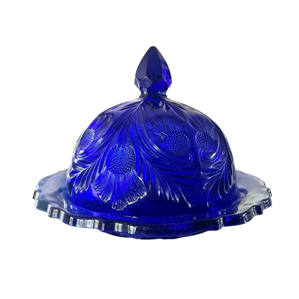 Vintage Mosser glass INVERTED THISTLE Design Rare COBALT BLUE butter/cheese dish